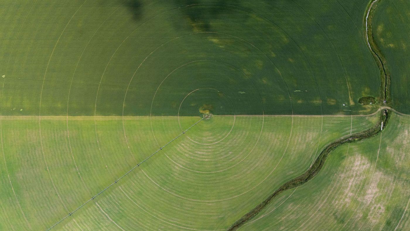 Aerial view of circular irrigated fields laid out along a winding river in dry country